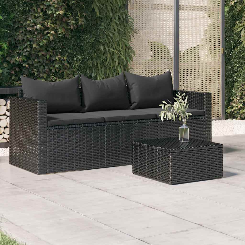 vidaXL Canapé de jardin 3 places avec coussins Noir Résine tressée