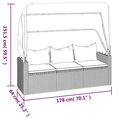 3-Sitzer-Gartensofa mit Dach und Fußhocker Schwarz Poly Rattan