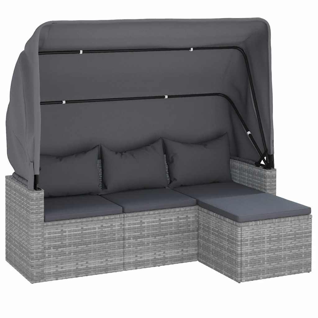 vidaXL Canapé de jardin 3 places avec auvent et pouf Gris Résine tressée