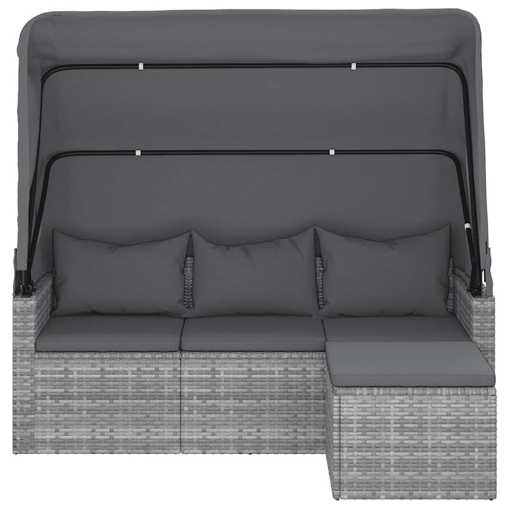 vidaXL Canapé de jardin 3 places avec auvent et pouf Gris Résine tressée