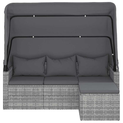 vidaXL Canapé de jardin 3 places avec auvent et pouf Gris Résine tressée