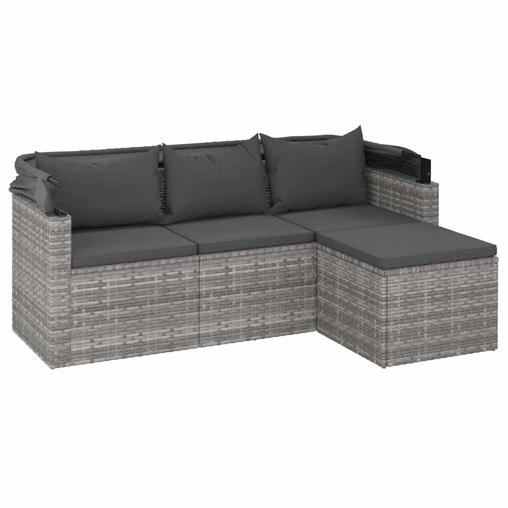 vidaXL Canapé de jardin 3 places avec auvent et pouf Gris Résine tressée