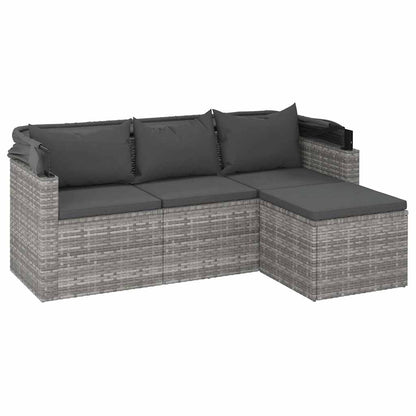 vidaXL Canapé de jardin 3 places avec auvent et pouf Gris Résine tressée
