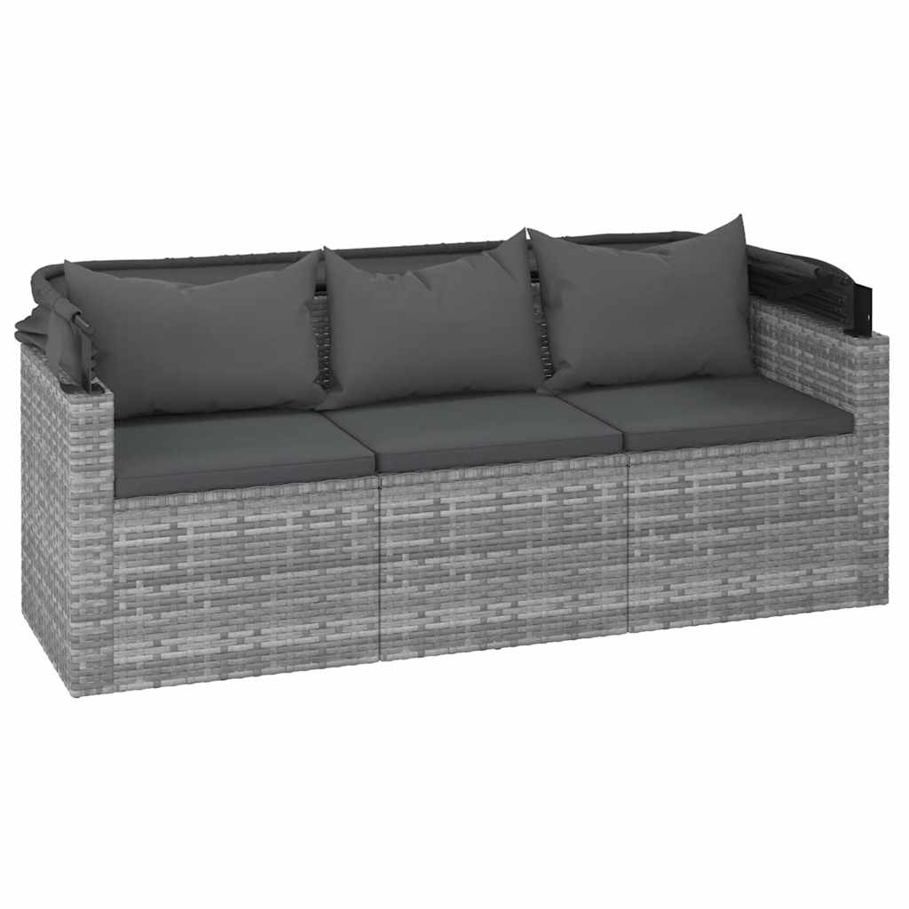 vidaXL Canapé de jardin 3 places avec auvent et pouf Gris Résine tressée