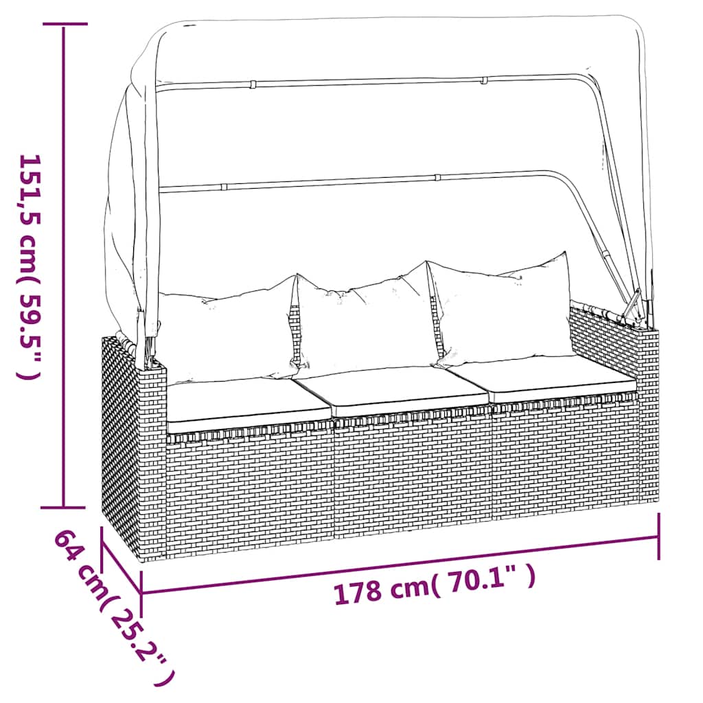 vidaXL Canapé de jardin 3 places avec auvent et pouf Gris Résine tressée