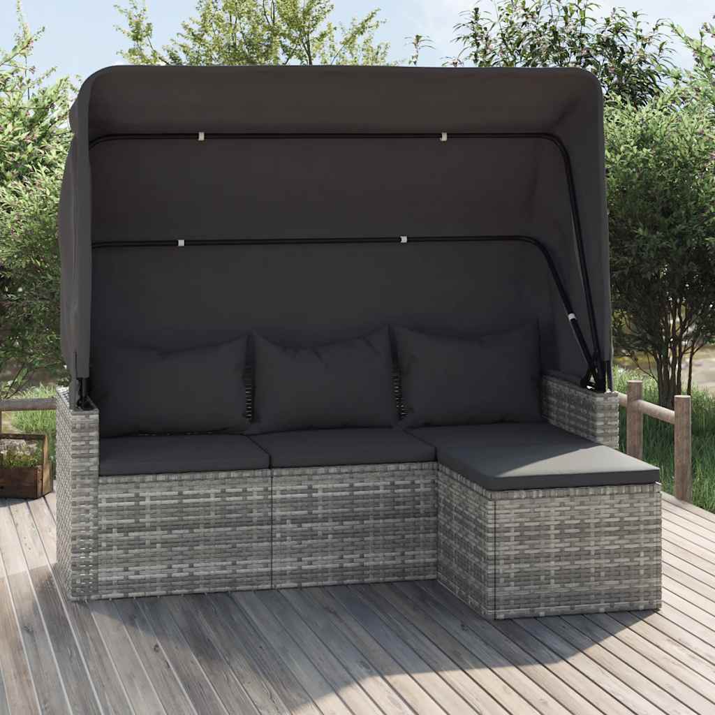 vidaXL Canapé de jardin 3 places avec auvent et pouf Gris Résine tressée