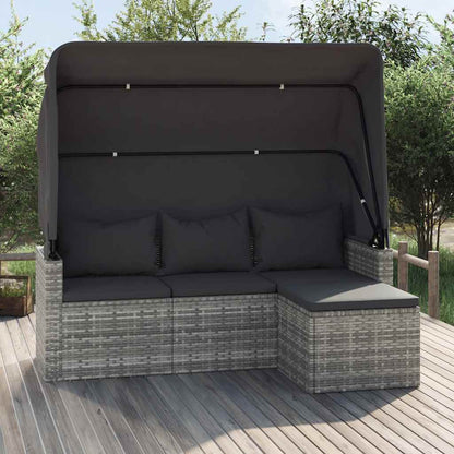 vidaXL Canapé de jardin 3 places avec auvent et pouf Gris Résine tressée