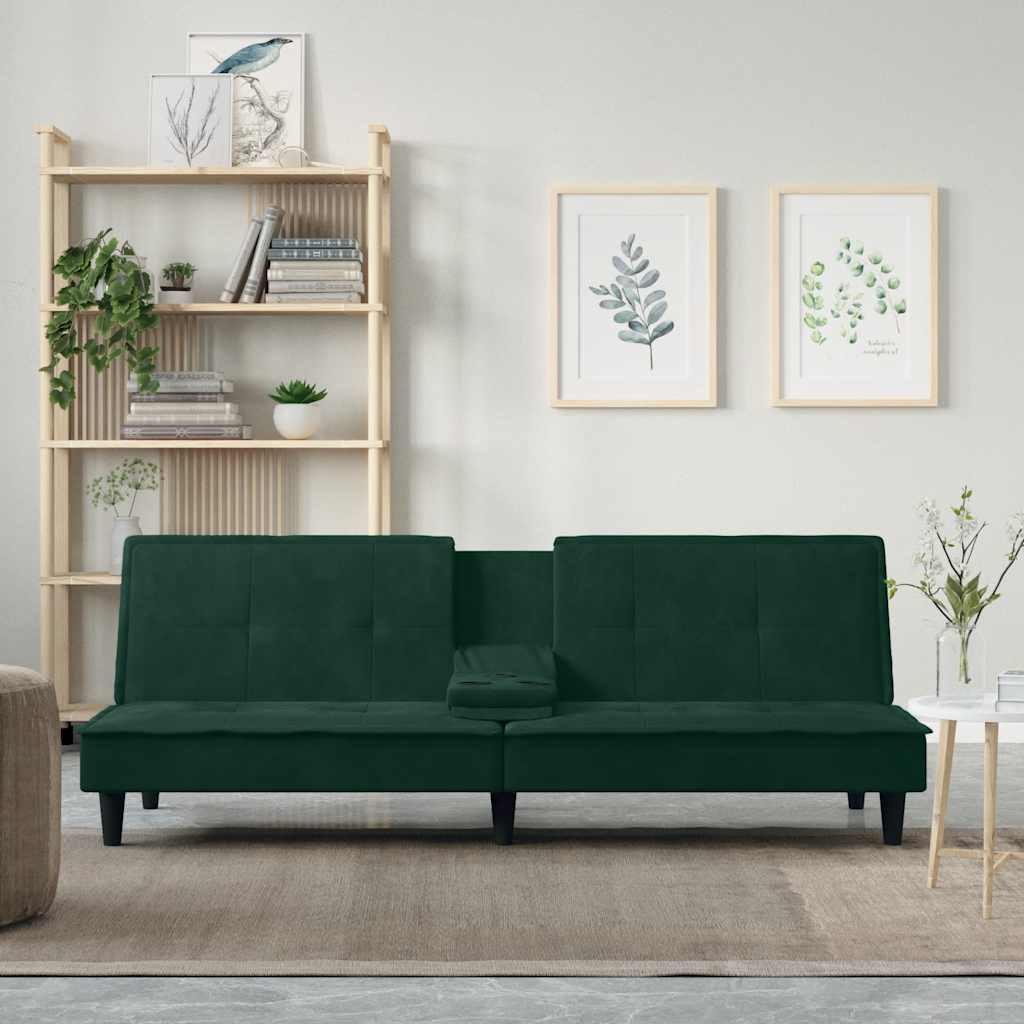 vidaXL Schlafsofa mit Getränkehaltern Dunkelgrün Samt