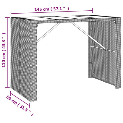 vidaXL Table de bar avec plateau en verre Gris 145x80x110 cm Résine tressée