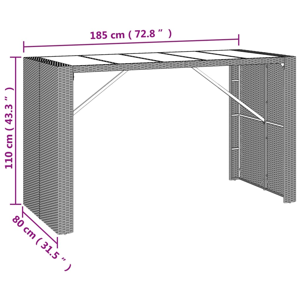 vidaXL Table de bar avec plateau en verre Noir 185x80x110 cm Résine tressée