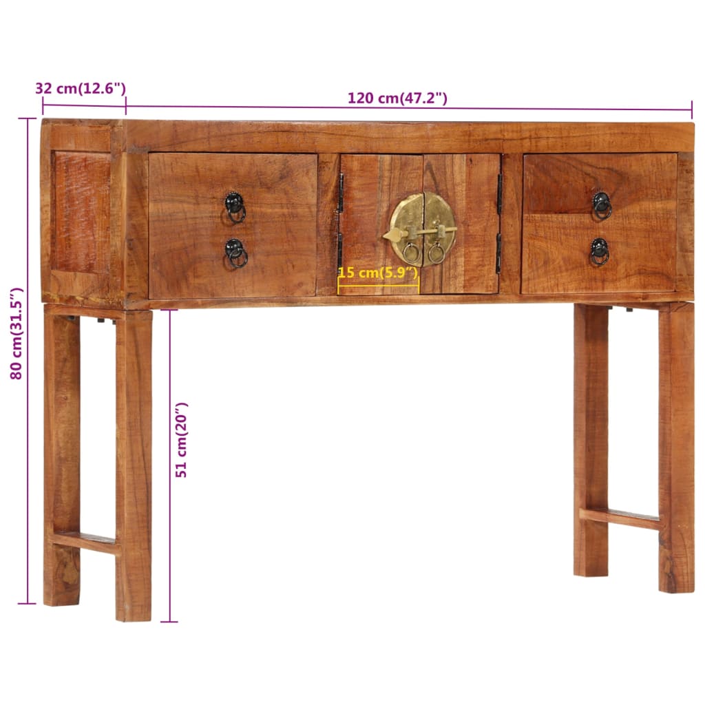 vidaXL Table console 120x32x80 cm Bois d'acacia massif brut