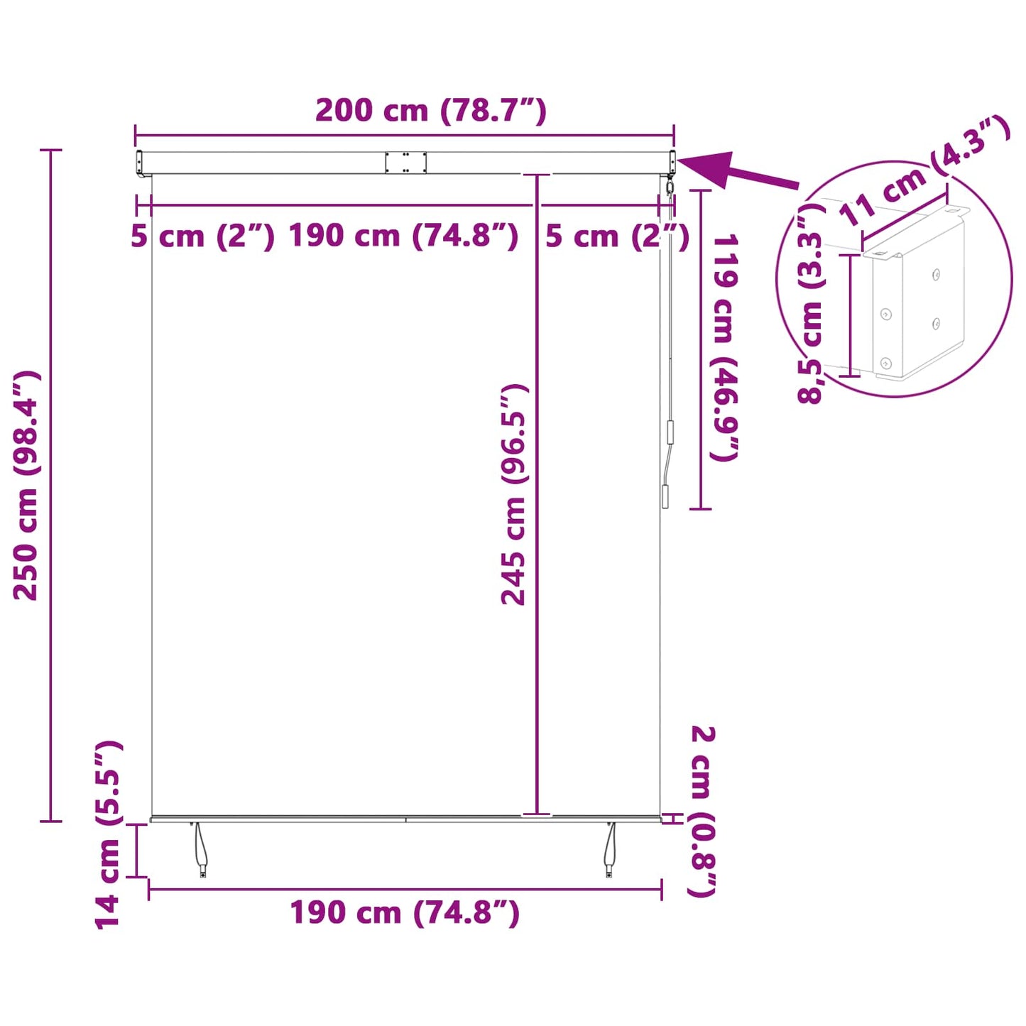 vidaXL Rollo Gestreift Blau und Weiß 200 x 250 cm Stoff und Aluminium
