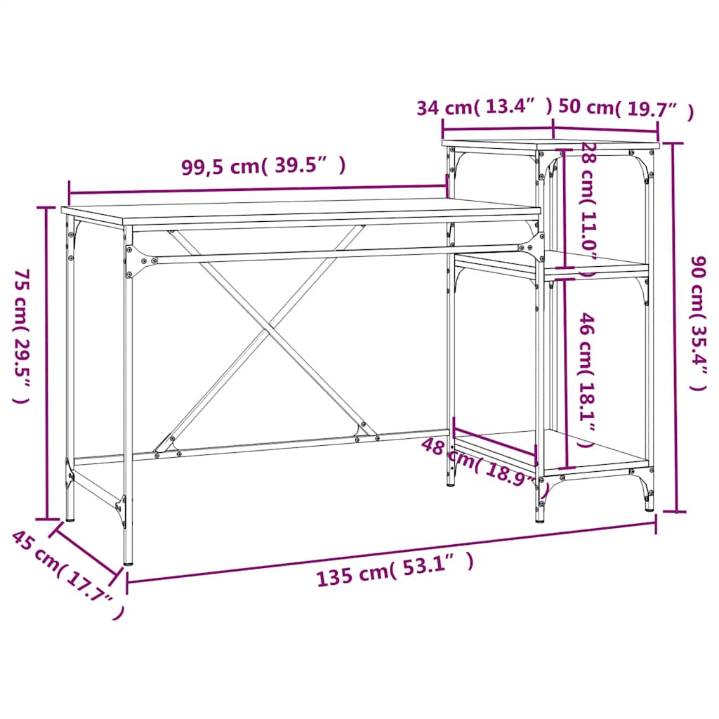 vidaXL Schreibtisch mit Regal Sonoma-Eiche 135x50x90 cm Holzwerkstoff