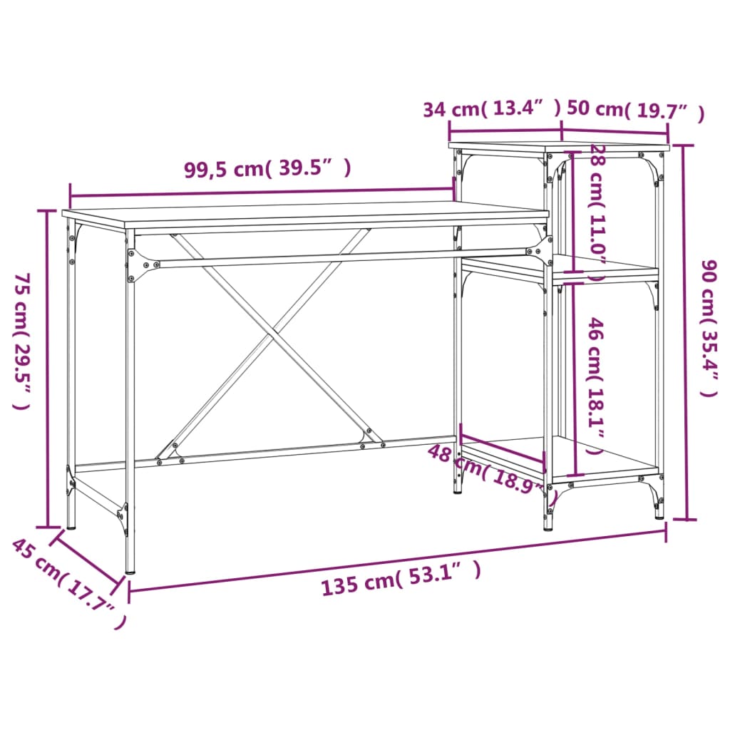 vidaXL Schreibtisch mit Regal Grau Sonoma 135x50x90 cm Holzwerkstoff
