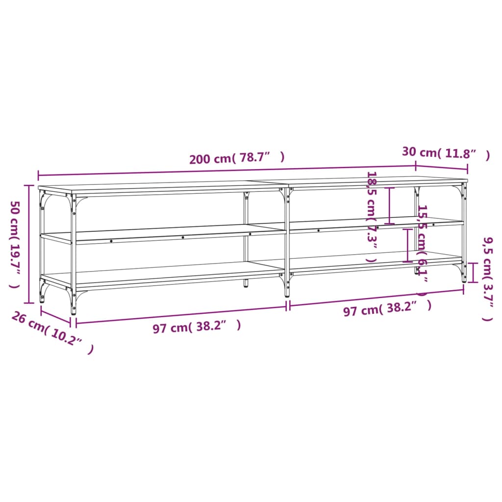 vidaXL Meuble TV chêne fumé 200x30x50 cm Bois d'ingénierie et métal