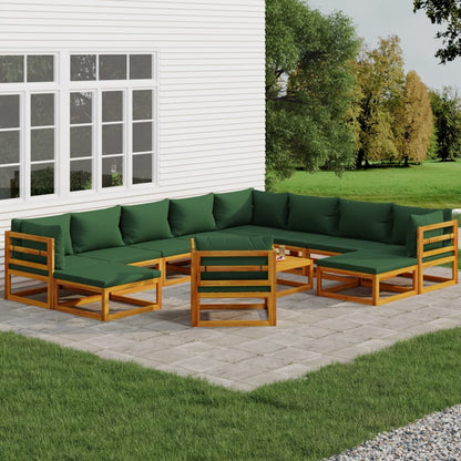 vidaXL 12-tlg. Garten-Lounge-Set mit Grünen Kissen Massivholz