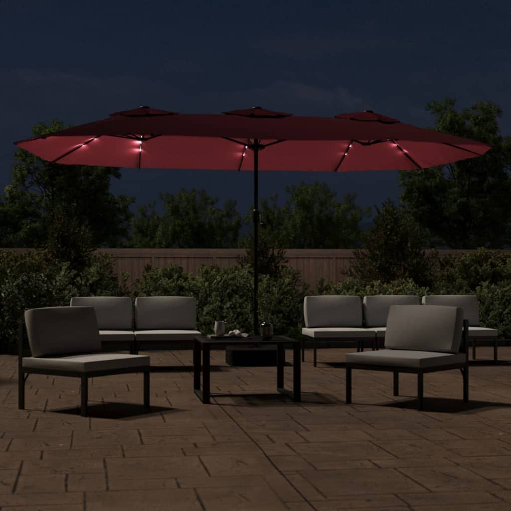 vidaXL Doppel-Sonnenschirm mit LED-Leuchten Bordeauxrot 449x265 cm