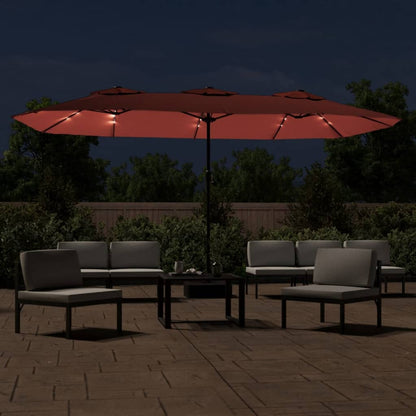 vidaXL Doppel-Sonnenschirm mit LED-Leuchten Terrakottarot 449x265 cm