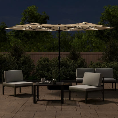 vidaXL Doppel-Sonnenschirm mit LED-Leuchten Taupe 316x145 cm