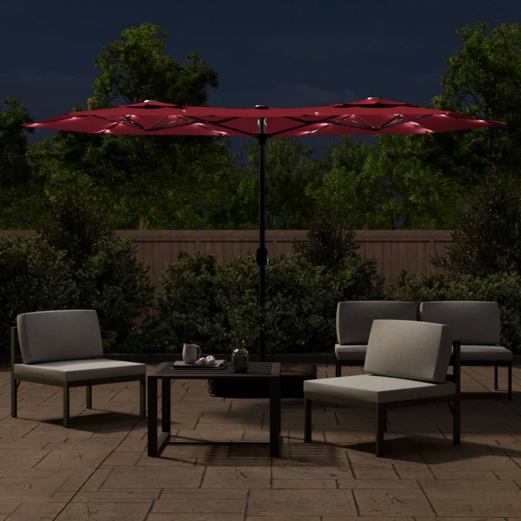 vidaXL Doppel-Sonnenschirm mit LED-Leuchten Bordeauxrot 316x145 cm