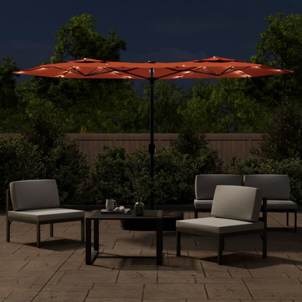 vidaXL Doppel-Sonnenschirm mit LED-Leuchten Terrakottarot 316x145 cm