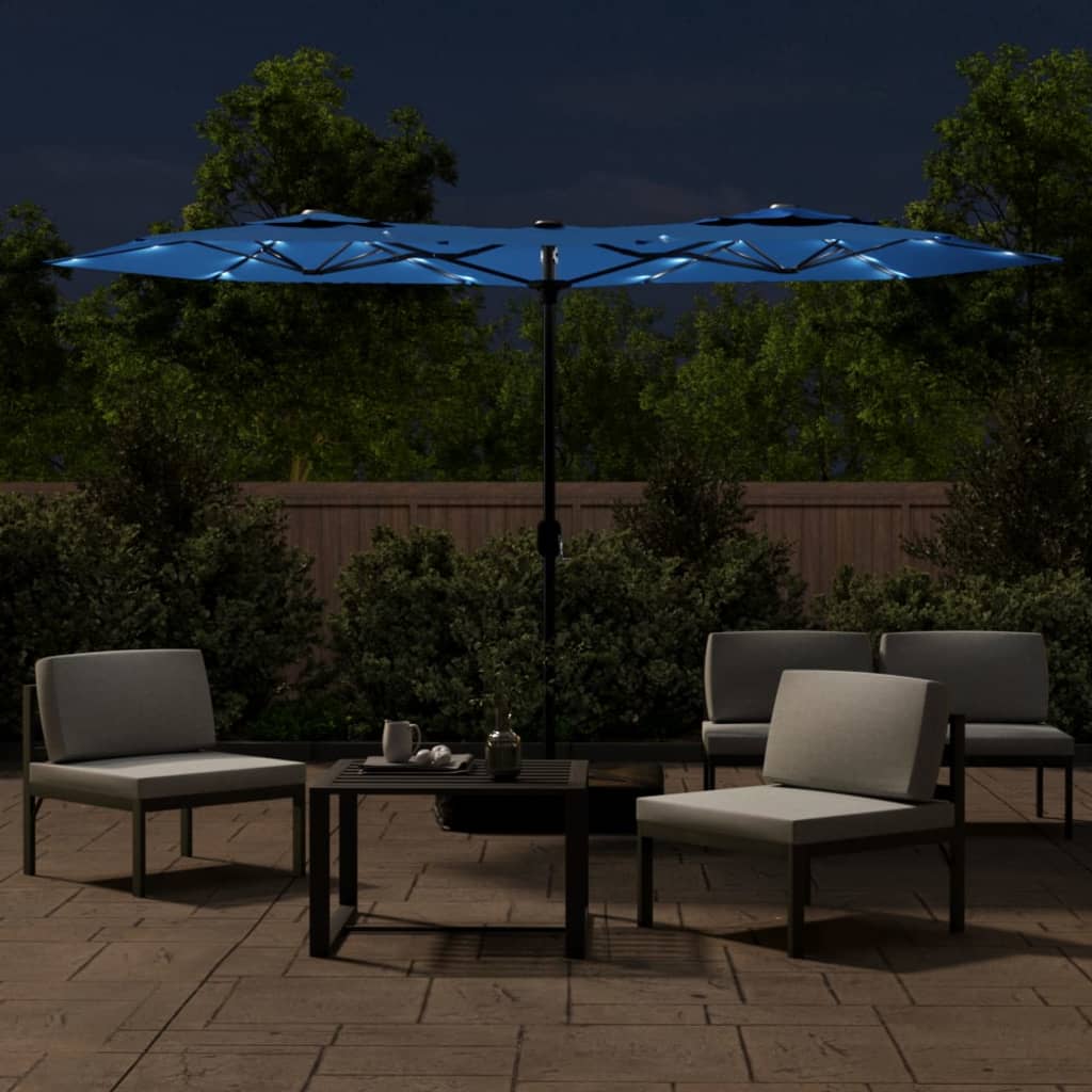vidaXL Doppel-Sonnenschirm mit LED-Leuchten Azurblau 316x145 cm