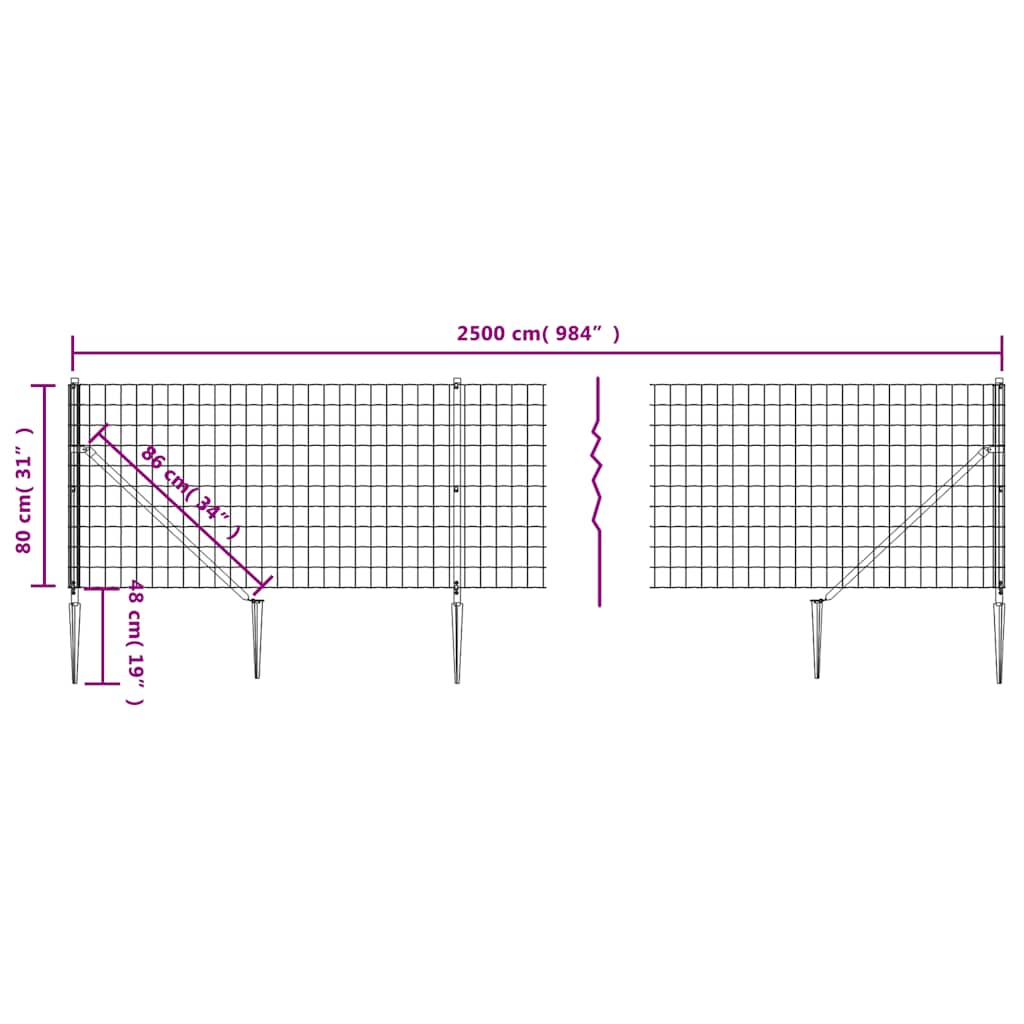 vidaXL Maschendrahtzaun mit Bodenhülsen Grün 0,8x25 m