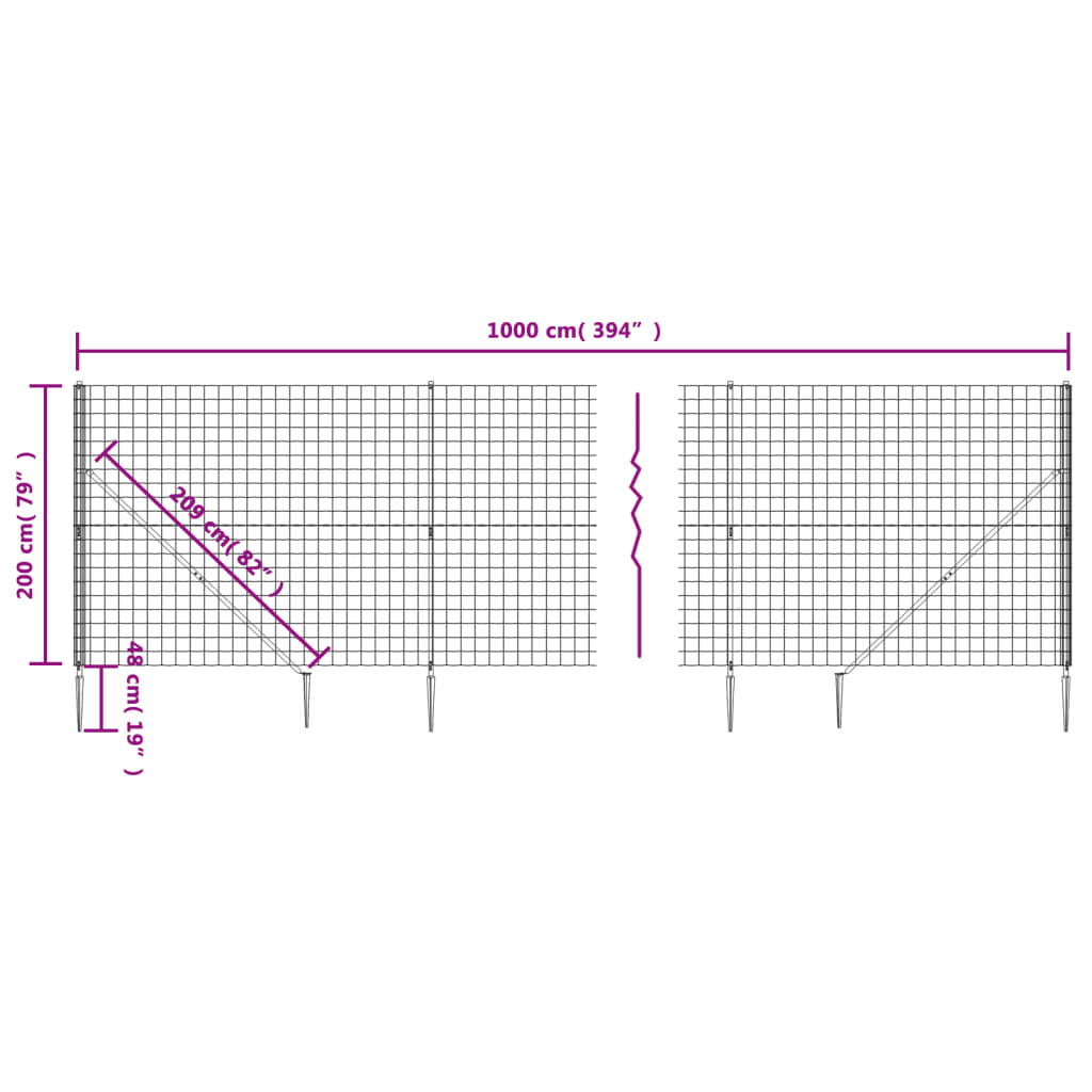 vidaXL Clôture en grillage métallique avec douilles de terre vert 2x10 m