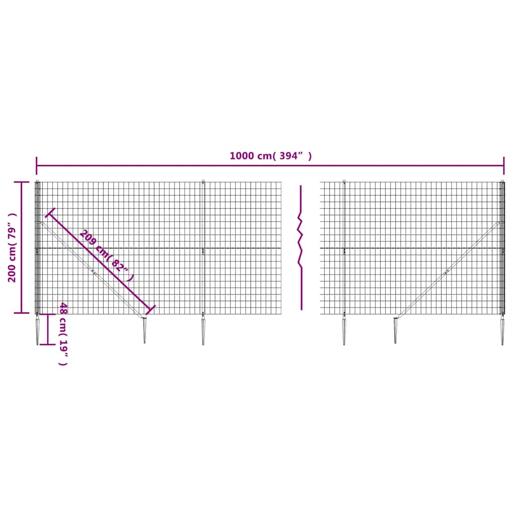 vidaXL Clôture grillagée avec manchons de sol Gris anthracite 2x10 m