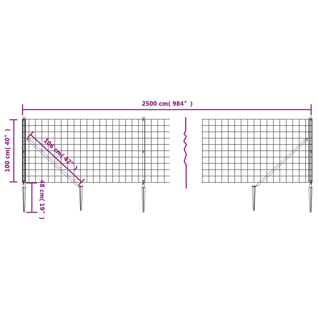 vidaXL Clôture grillagée avec manchons de fixation au sol anthracite 1 x 25 m
