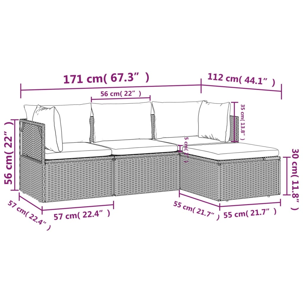 vidaXL Salon de jardin 4 pcs avec coussins Gris Résine tressée
