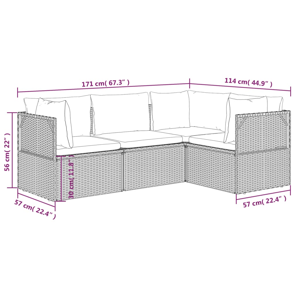 vidaXL 4-tlg. Garten-Lounge-Set mit Kissen Grau Poly Rattan