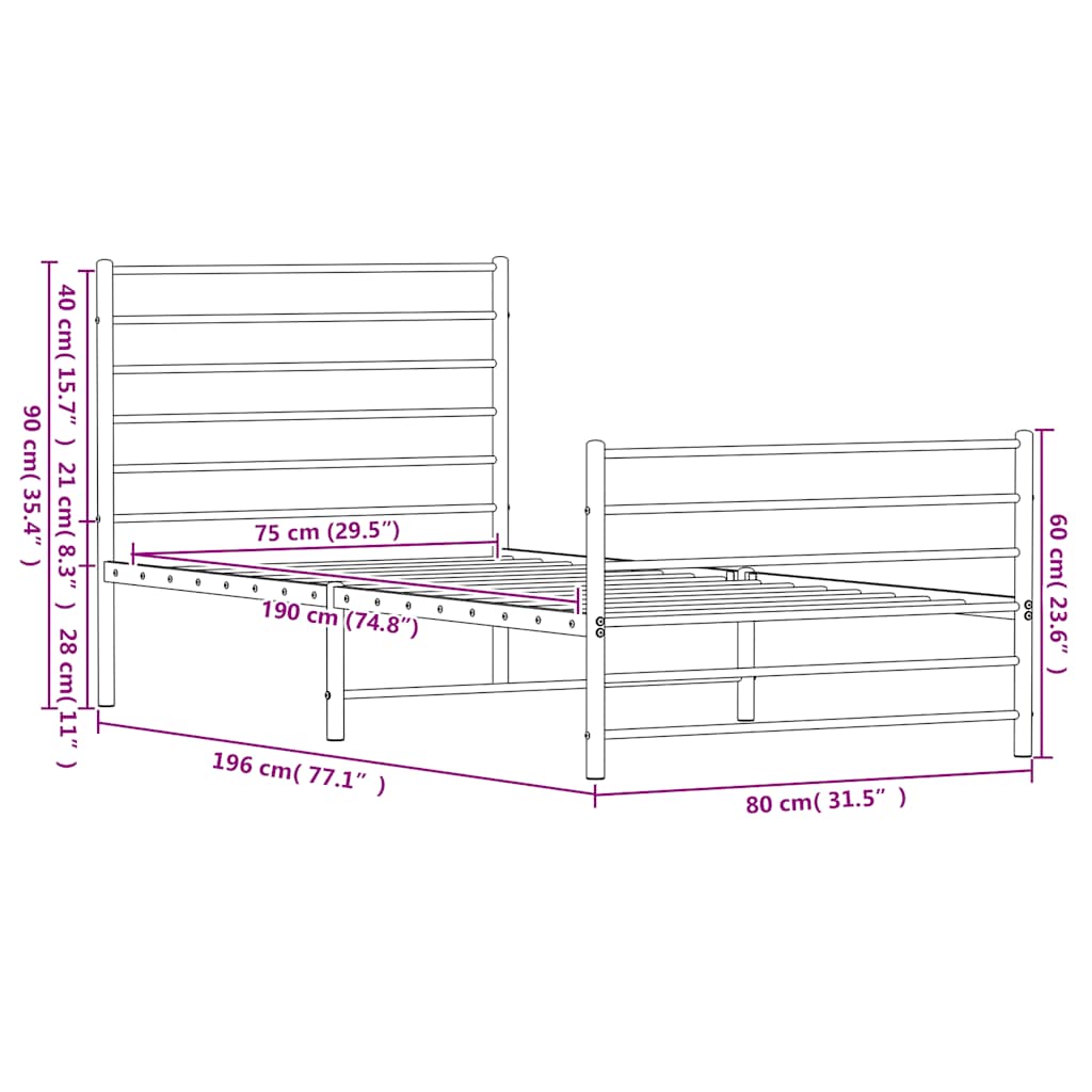 vidaXL Bettgestell mit Kopf- und Fußteil Metall Weiß 75x190 cm
