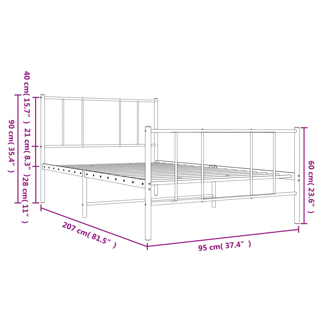 vidaXL Cadre de lit avec têtes et pieds de lit Métal Noir 90x200 cm