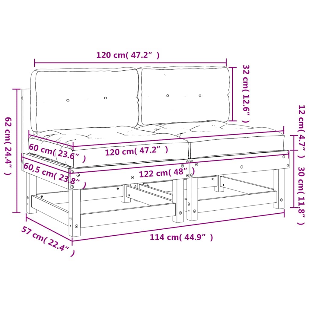 vidaXL Canapés centraux avec coussins 2 pcs. Bois de pin massif
