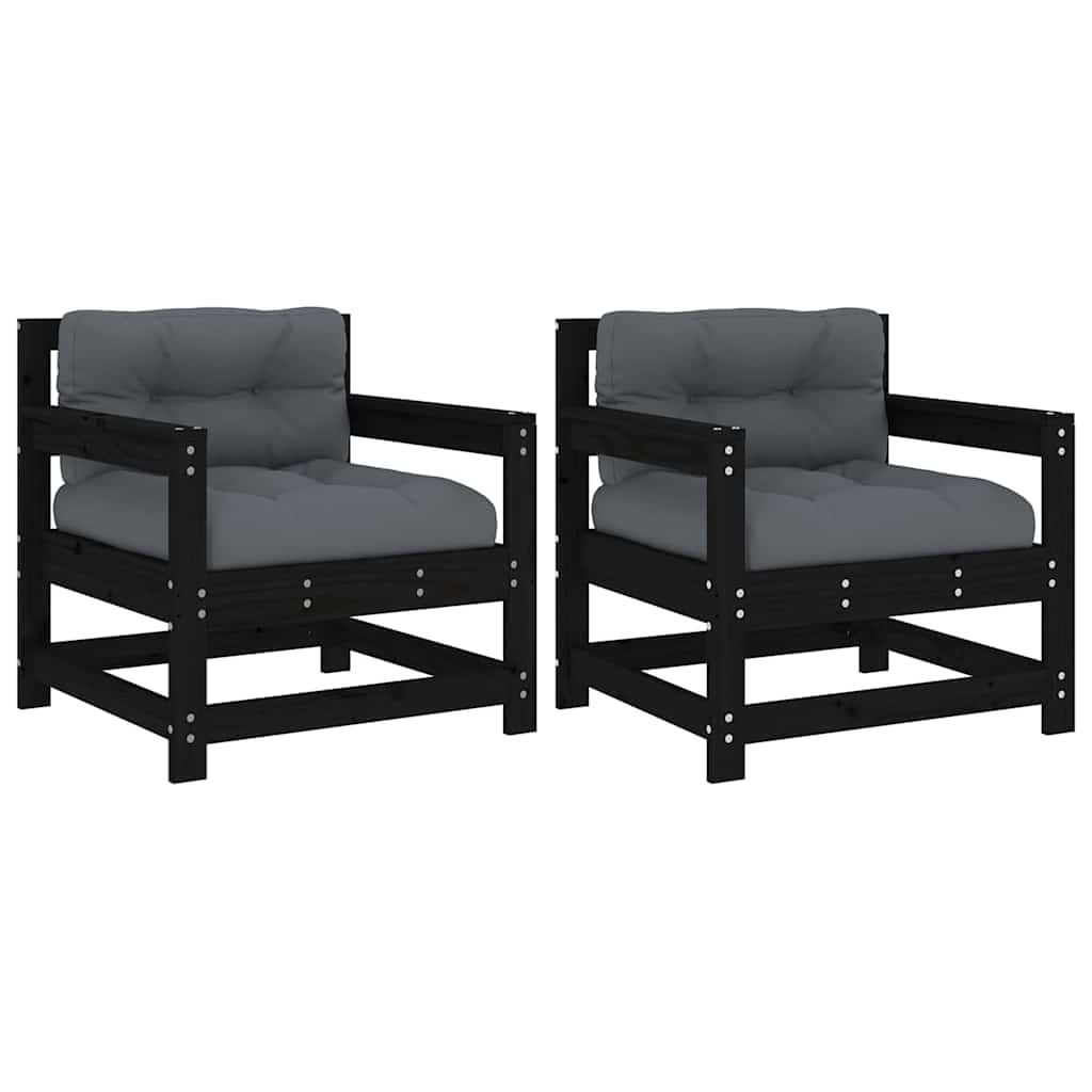 vidaXL Chaises de jardin avec coussins 2 pcs Noir Bois de pin massif