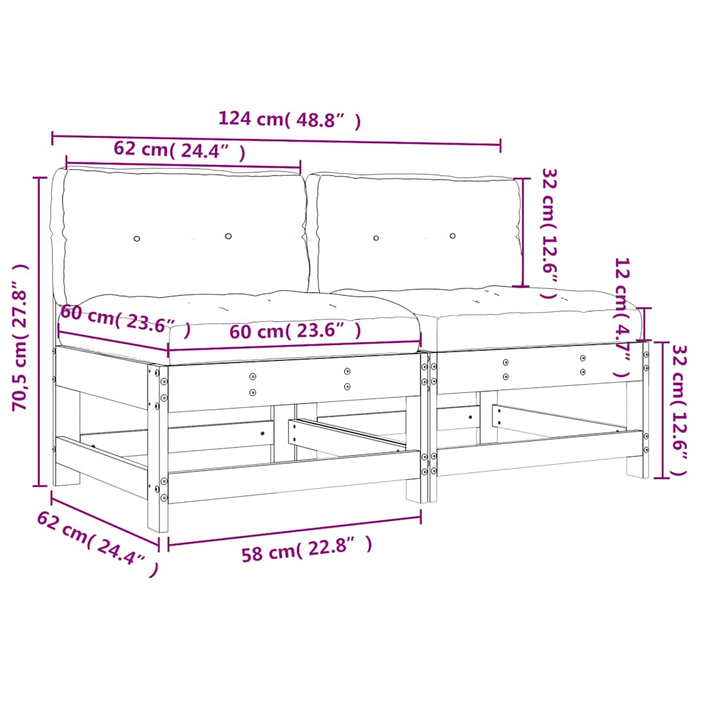 vidaXL Mittelsofas mit Kissen 2 Stk. Weiß Massivholz Kiefer