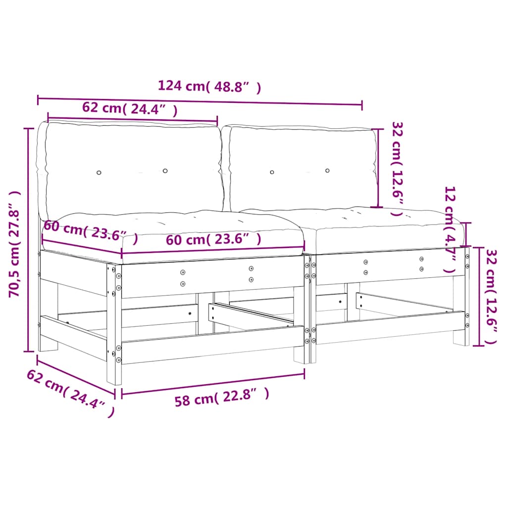 vidaXL Mittelsofas mit Kissen 2 Stk. Grau Massivholz Kiefer
