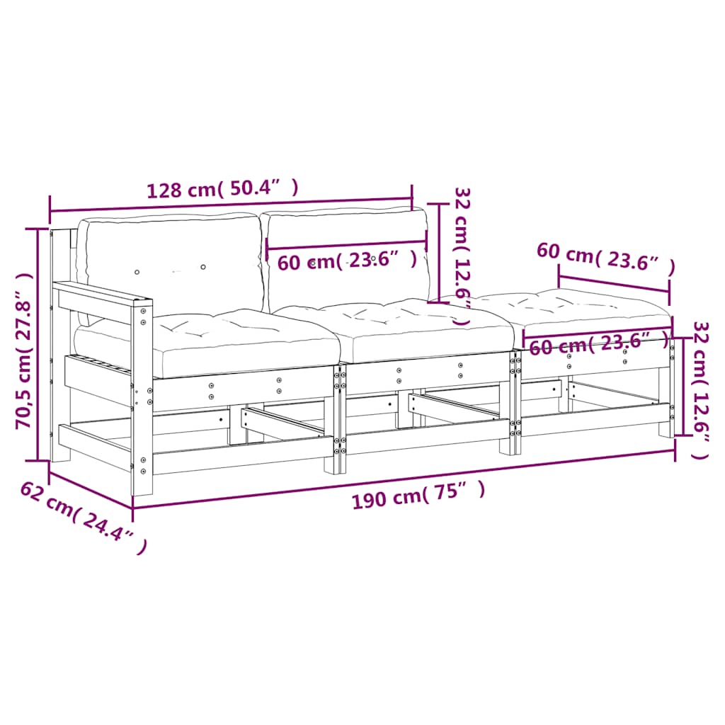 vidaXL Ensemble de salon de jardin 3 pcs avec coussins Blanc Bois massif