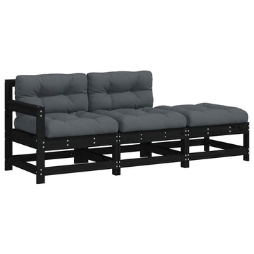 vidaXL Salon de jardin 3 pcs avec coussins Noir Bois massif