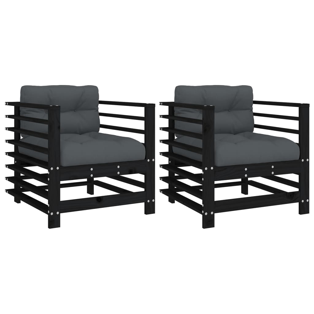 vidaXL Chaises de jardin avec coussins 2 pcs Noir Bois de pin massif