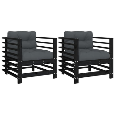 vidaXL Chaises de jardin avec coussins 2 pcs Noir Bois de pin massif