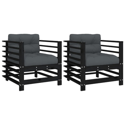 vidaXL Chaises de jardin avec coussins 2 pcs Noir Bois de pin massif
