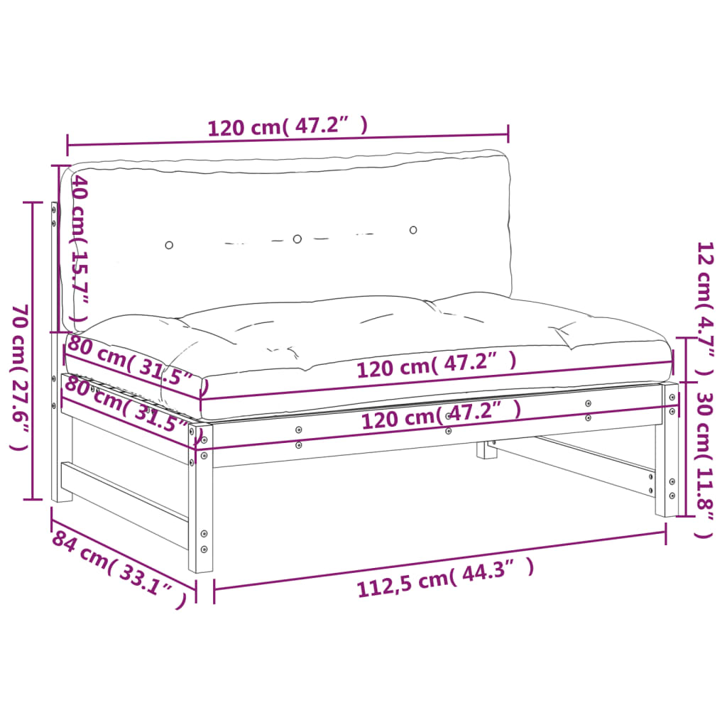 vidaXL Mittelsofa Schwarz 120x80 cm Massivholz Kiefer