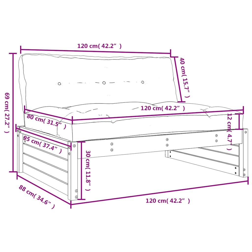 vidaXL Canapé central noir 120x80 cm Bois de pin massif