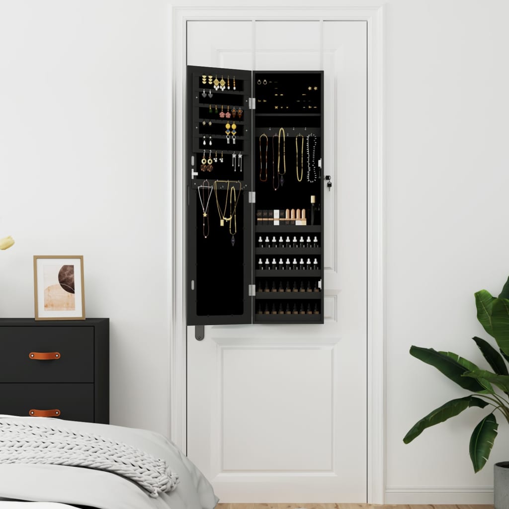 Schmuckschrank mit Spiegel Wandmontage Schwarz 30x8,5x106 cm