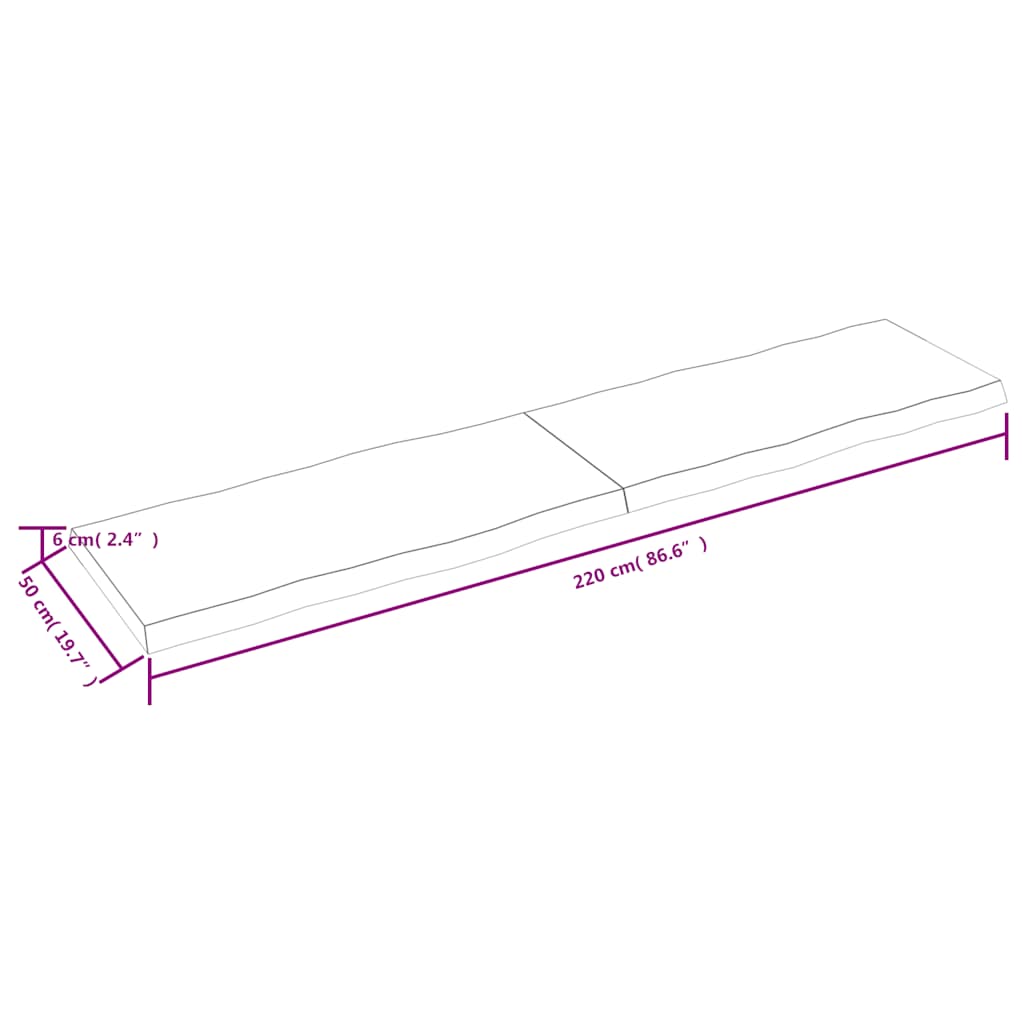 vidaXL Tischplatte 220x50x(2-6) cm Massivholz Behandelt Baumkante