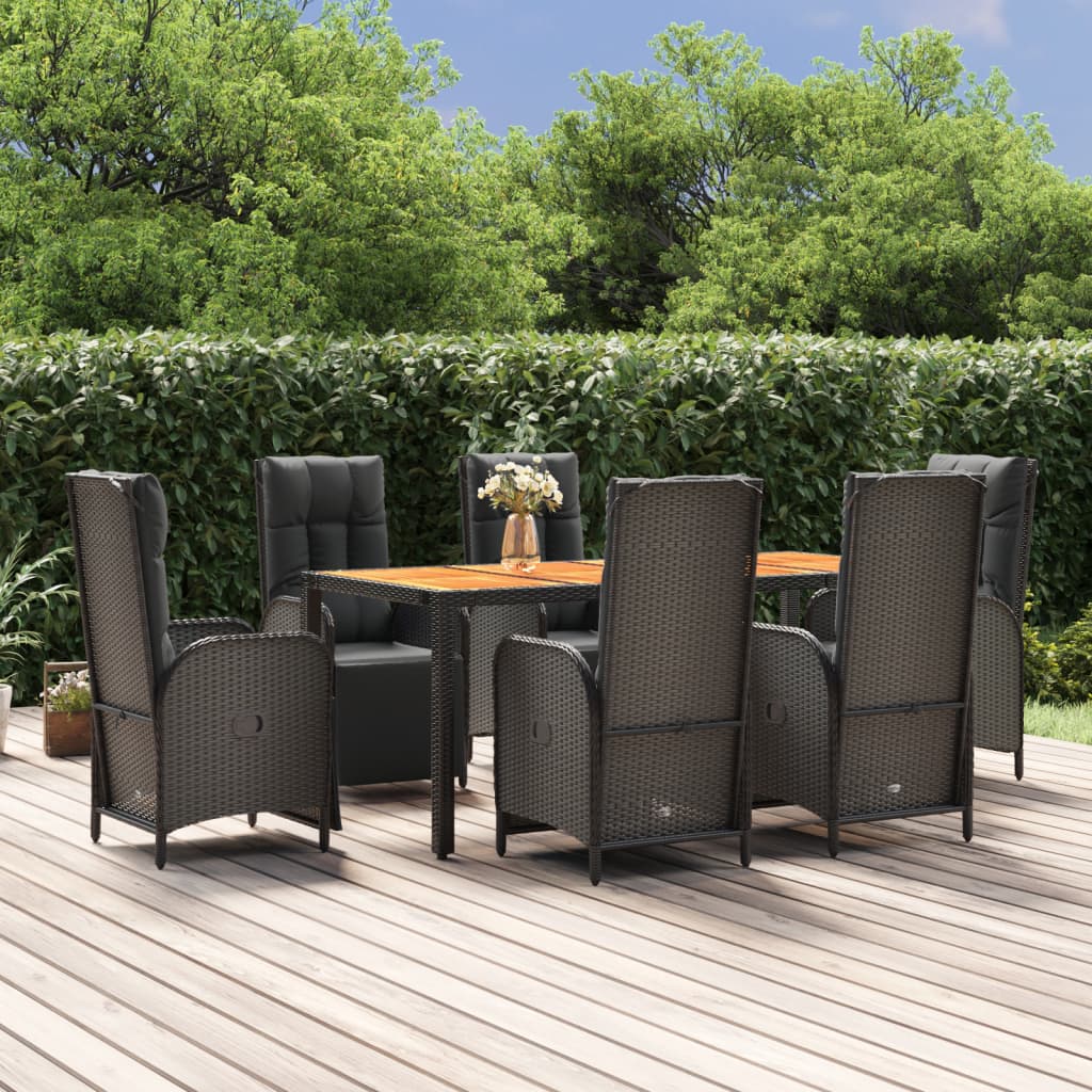 7-tlg. Garten-Essgruppe mit Kissen Schwarz Poly Rattan