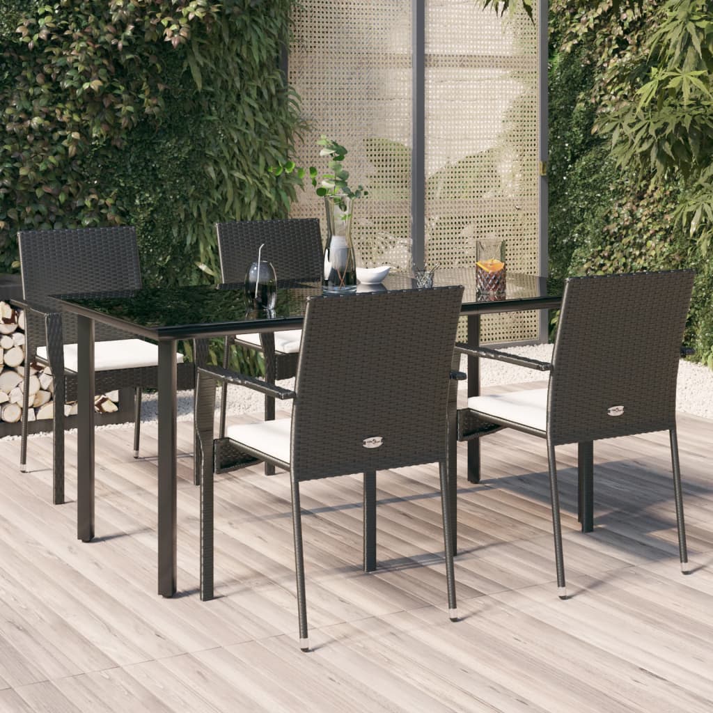 vidaXL 5-tlg. Garten-Essgruppe mit Kissen Schwarz Poly Rattan