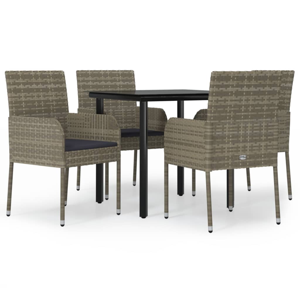 vidaXL 5-tlg. Garten-Essgruppe mit Kissen Schwarz und Grau Poly Rattan